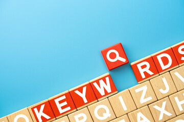 Keywords Concept. Keywords icons on wooden cubes. copy space