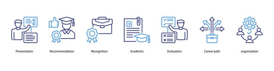 Fototapeta premium Academic Achievement web banner illustration featuring Presentation, Recommendation, Recognition, Academic, Evaluation, Career path, and Organization.