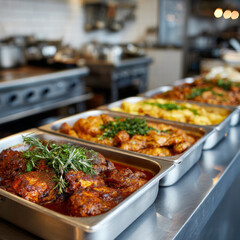 Obraz premium Freshly prepared gourmet dishes in stainless steel trays on restaurant counter