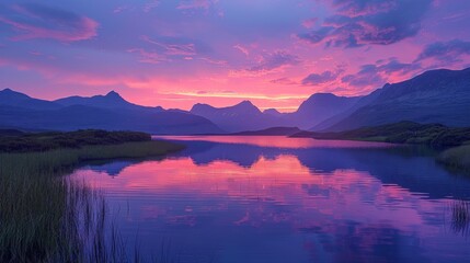 Obraz premium Majestic mountain landscape at dusk with a vivid pink and purple sky reflected in water
