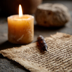 Ancient manuscript and lit candle on rustic table