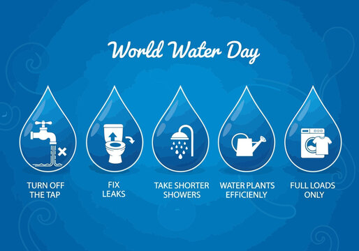 World water day tips illustrated in blue water droplets