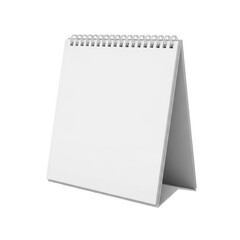 A blank, white, spiral-bound flip calendar standing upright isolated on transparent background