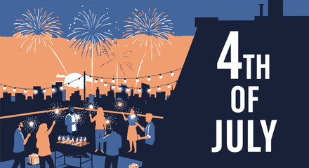 Vector illustration of people celebrating 4th of July with fireworks and barbecue on a rooftop