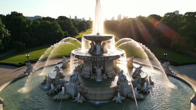 Majestic tiered fountain with statues, water cascades, and city skyline at sunset
