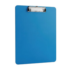 A bright blue clipboard with a silver clip, standing upright against a white background isolated on transparent background