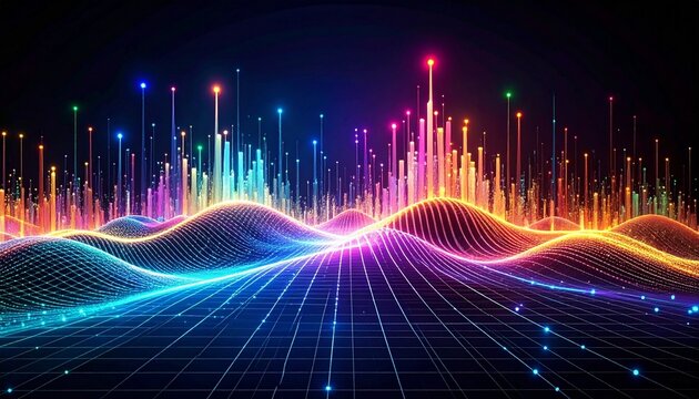 Digital abstract visualization of multicolored vertical light beams extending upward from wavy grid-like surface of horizontal lines, illuminated tips suggesting dynamic data points, dark background e