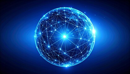 Obraz premium Digital representation of glowing blue sphere covered in interconnected lines and nodes, resembling global network or neural web, gradient dark-to-light blue background, symbolizing global connectivit