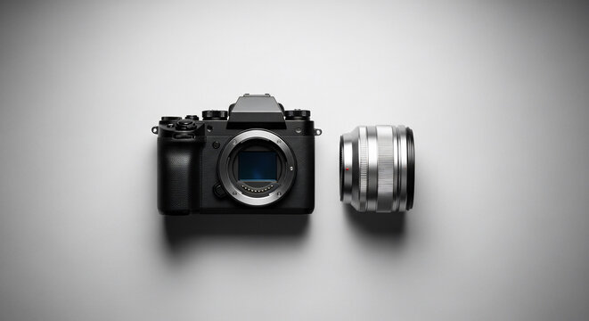Professional Camera and Lens on a White Background.