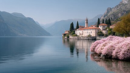 Fototapeta premium Italian Lake Villa With Pink Flowers and View