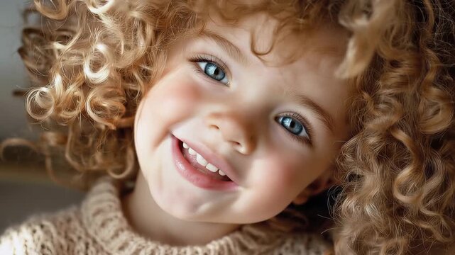 Happy girl with curly hair smiles brightly in a cozy setting during daytime, radiating joy and innocence while showcasing her sparkling blue eyes and infectious smile