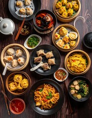 Dim sum variety bamboo steamers, dumplings, noodles, dipping sauces on dark wood table