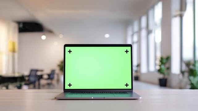 Modern Laptop with Green Screen on Office Desk &ndash; Chroma Key Mockup for Screen Replacement