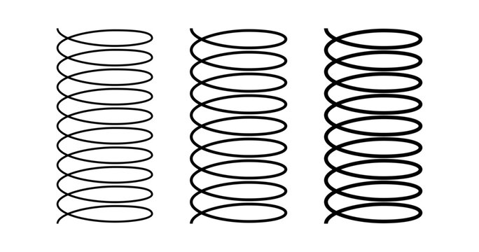Spiral spring set. Metal wire coil spring icon collection. Thin zigzag waves symbol. Flexible coil shapes. Loop seamless line pattern. Vector illustration isolated on white background. 