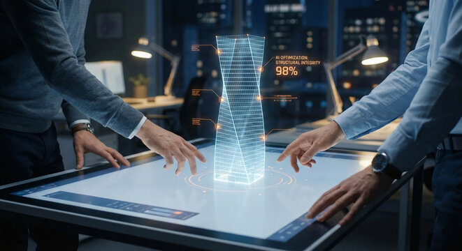 Architects using interactive table and holographic model for AI building analysis and structural integrity assessment