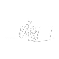 Minimalist Line Art Person Working on Laptop and drink coffee 
