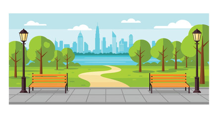 Naklejka premium A peaceful park scene with a cityscape visible across the water