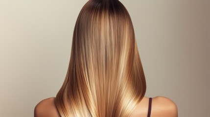 Naklejka premium Back view of a woman with long, straight, healthy, shiny blonde balayage hair