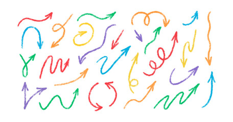 Crayon brush arrow signs. Color doodle chalk direction line. Hand drawn grunge arrows with pencil texture. Sketch crayon drawing design elements set. Vector illustration isolated on white background.
