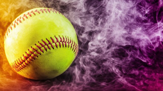 Neon-yellow softball with red stitching emerging through purple smoky background under dramatic studio lighting