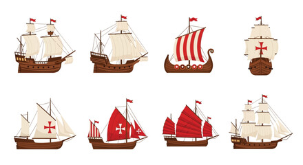 Collection of historical sailing ships with red flags illustrated in a cartoon style © Md Anisur Rahman 