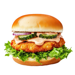 Chicken burger isolated on a white background, featuring a crispy chicken patty, fresh lettuce, and creamy sauce. PNG