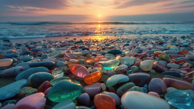 Detailed view of colorful, wet pebbles on a beach as waves roll and sun sets