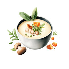 Watercolor-style mushroom soup, isolated on a white background, illustrated with soft brush strokes and earthy tones. PNG