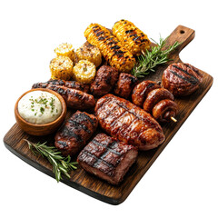 Barbecue arranged on a wooden tray, isolated on a white background, creating a rustic and inviting display of grilled foods. PNG