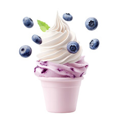 Flying soft serve blueberry ice cream, isolated on a white background, capturing the joyful essence of this refreshing treat in mid-air. PNG
