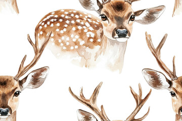 A watercolor seamless pattern of deer, isolate on white background, featuring soft colors and flowing brushstrokes. PNG