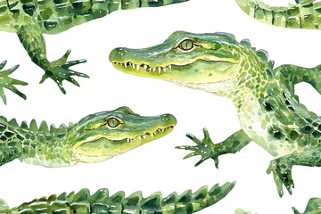 A watercolor seamless pattern of crocodiles, isolate on white background, featuring soft colors and delicate brush strokes. PNG