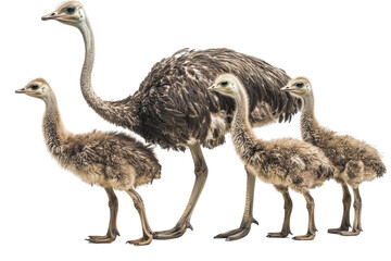 A family of ostriches, isolate on white background, illustrating their interactions and social dynamics. PNG