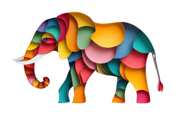 A multicolored paper art representation of an elephant, isolate on white background, creating a vibrant display. PNG