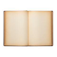 A close-up view of an open book with blank pages and a visible spine isolated on transparent background