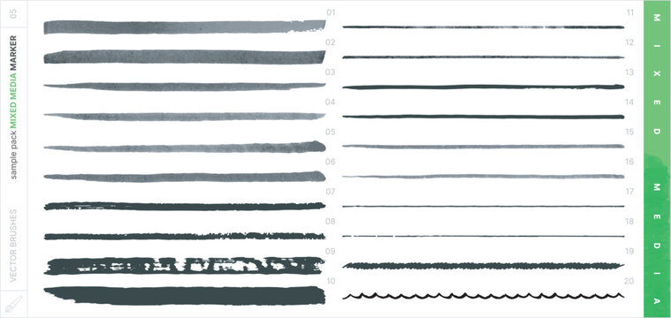 Vector Brushes. Mixed Media Sampler Set. Marker Pen.