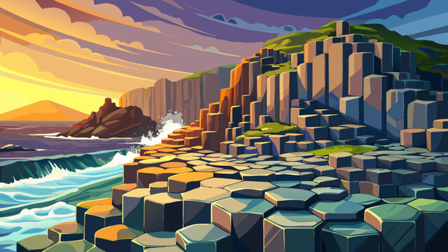 Very beautiful hexagonal basalt columns of Giant&rsquo;s Causeway stretch into the Atlantic Ocean, forming a geometric coastal masterpiece shaped by ancient volcanic activity.