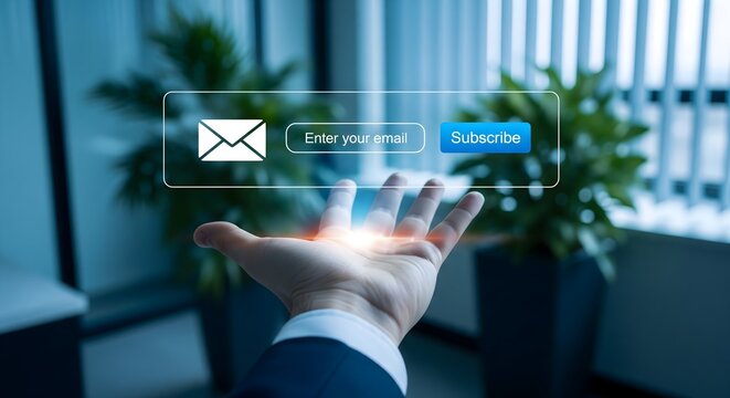 Email marketing and newsletter subscription concept featuring a person holding a virtual envelope icon with a subscribe button and email input field.