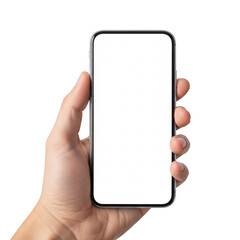 Hand holding a blank smartphone with a white background isolated on transparent background