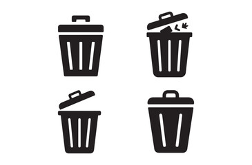 Collection of black trash can icons with lids and open bins symbolizing waste disposal and recycling on transparent background