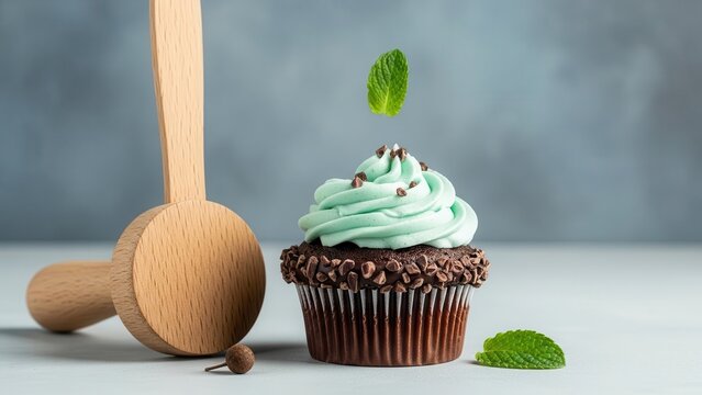 Chocolate mint cupcake with light green frosting, mint leaves, and a wooden muddler