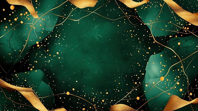 Opulent Emerald Green Abstract Background with Golden Ribbon Accents and Shimmering Specks