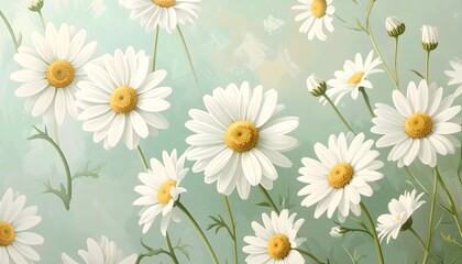 Fototapeta premium Margaritas blancas silvestres sobre fondo verde pastel en ilustración floral delicada