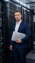 Data Center Confidence: A focused professional, clutching a laptop, stands amidst the organized complexity of a modern data center, a beacon of technological prowess.