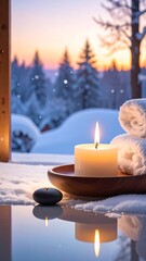 Snowy vista, candlelit spa setting with towels. Serene winter scene, reflection