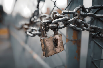 Steel Chain and Padlock on Metal Gate