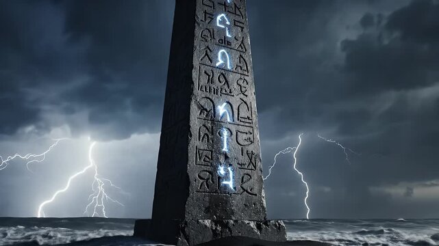 Ancient obelisk on dark sand beach with stormy sky and lightning