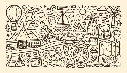 Fototapeta premium Detailed travel and camping doodle collection with train car globe hiking boots and tropical beach icons