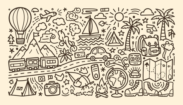Detailed travel and camping doodle collection with train car globe hiking boots and tropical beach icons
