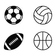 Sports ball silhouette icon set featuring football, volleyball, rugby, and basketball. Clean minimal vector symbols isolated on transparent background for sports themed design.